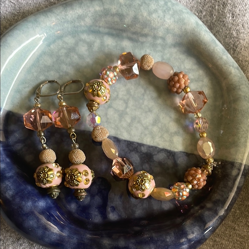 Pink and Gold Beaded Bracelet and earrings set